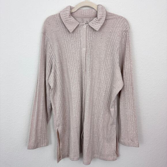 Cuddl Duds Womens Ribbed Knit Long Sleeve Button Top Size 1X Neutral Comfy Tan - Picture 1 of 7